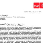 Misiva enviada por Pedro Sánchez a Albert Rivera