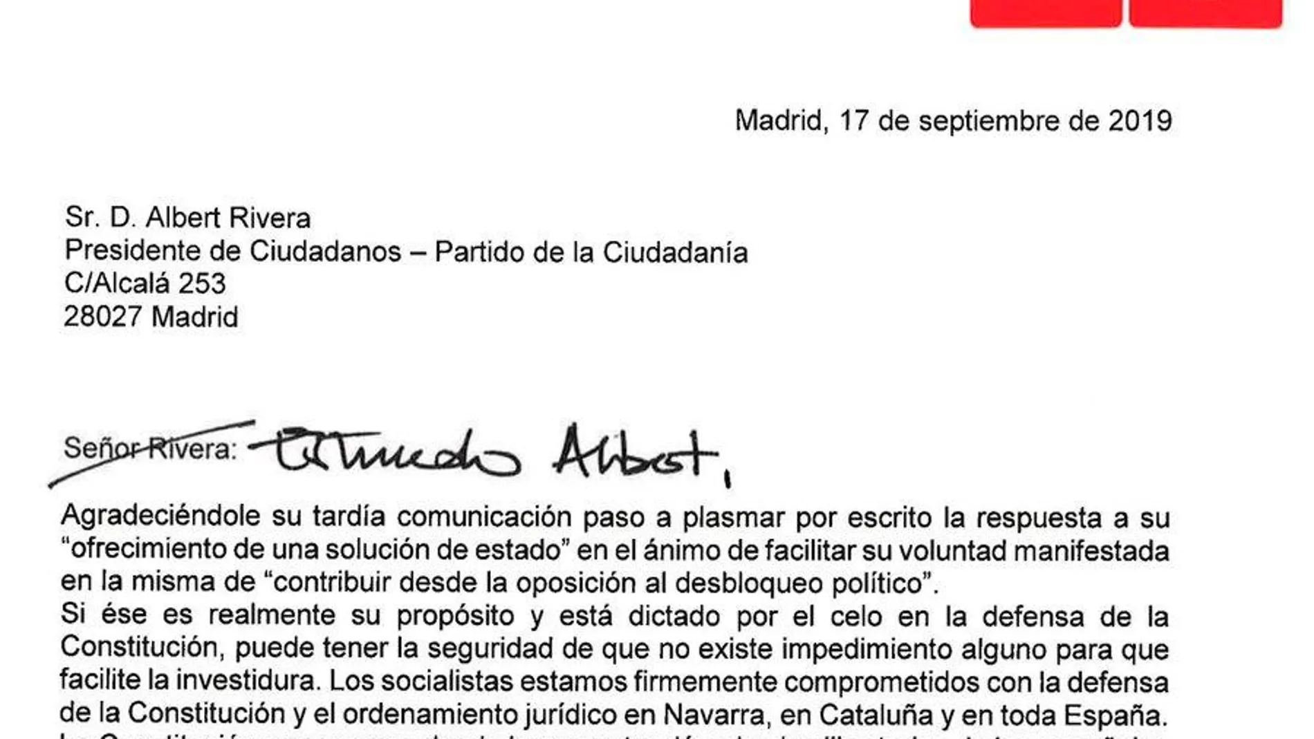 Misiva enviada por Pedro Sánchez a Albert Rivera