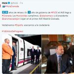 Tuit del PSOE presumiendo de haber hecho el AVE a Granada en un año / Twitter