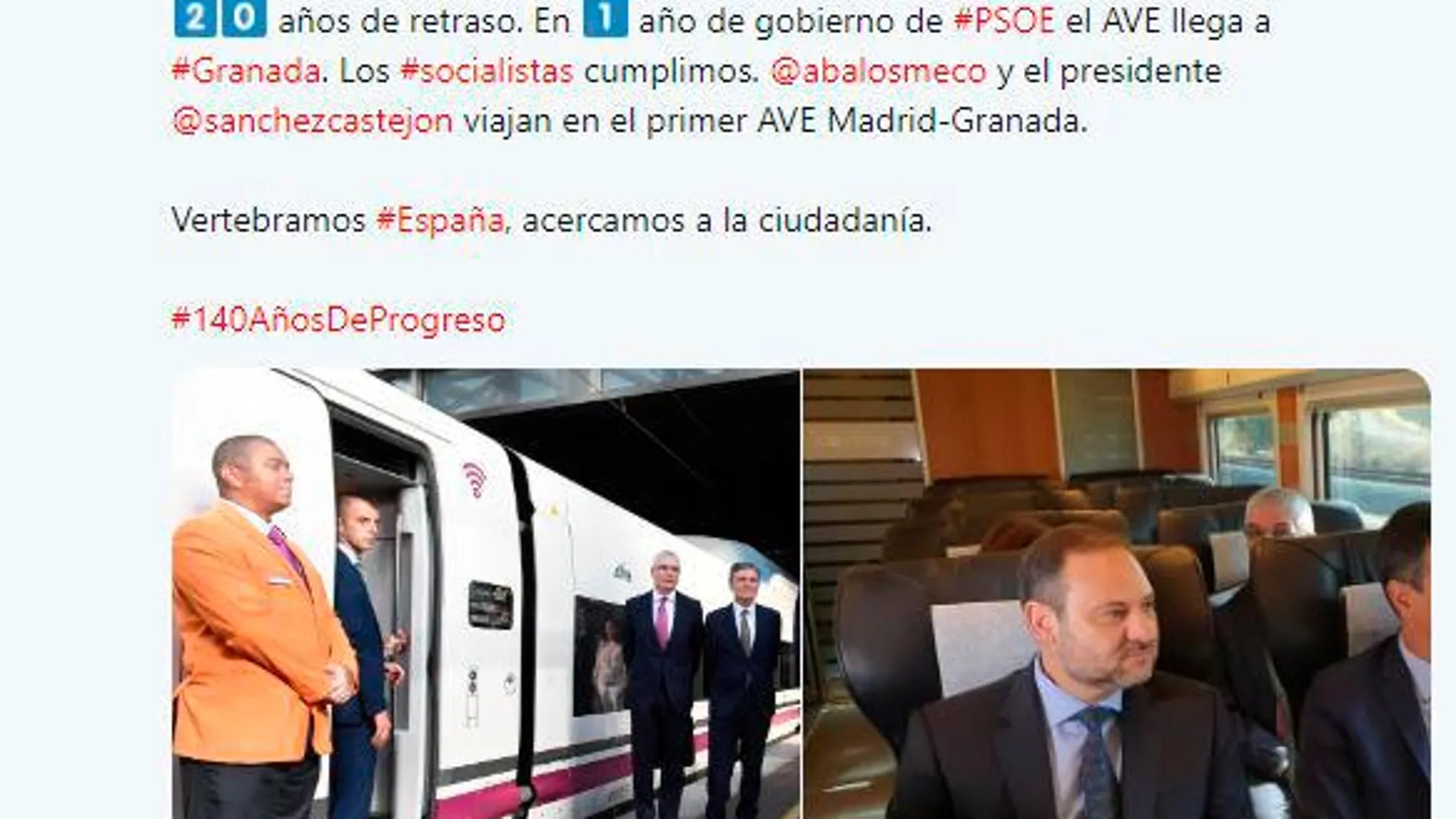Tuit del PSOE presumiendo de haber hecho el AVE a Granada en un año / Twitter