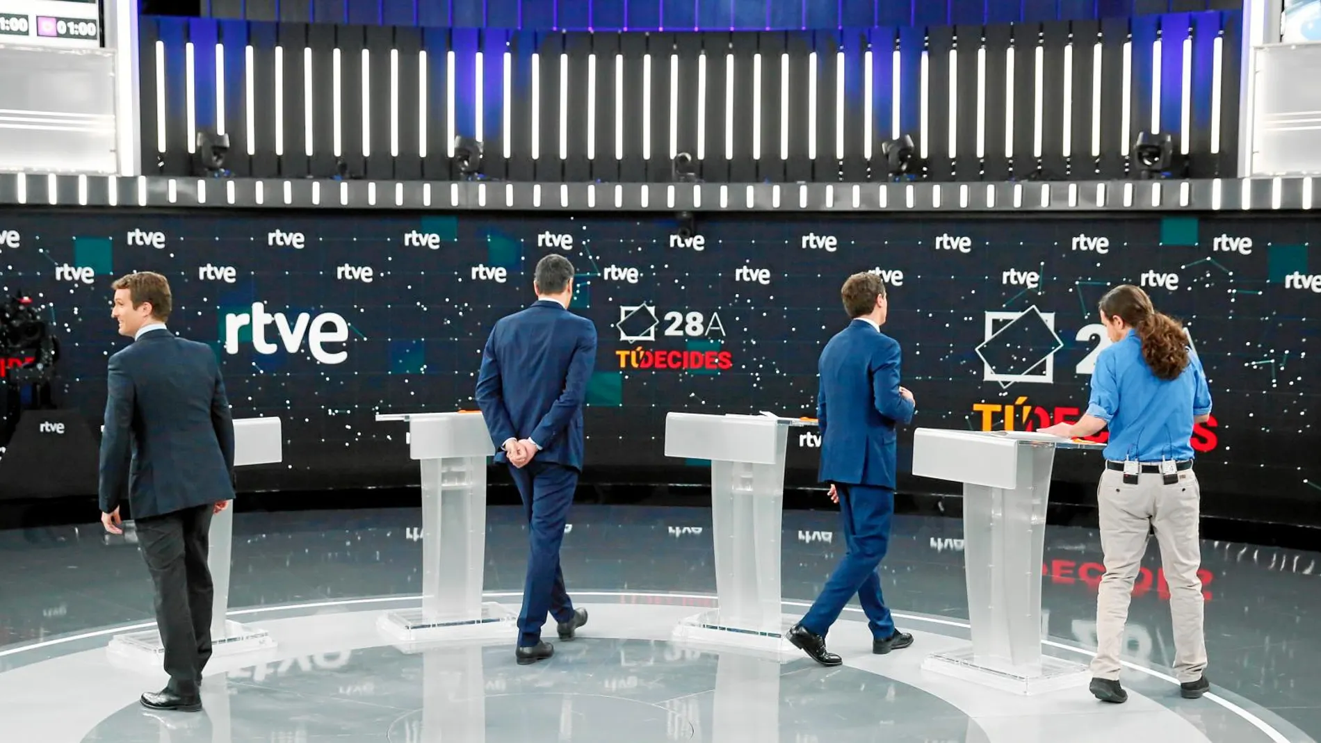 Los cuatro líderes Pablo Casado, Pedro Sánchez, Albert Rivera y Pablo Iglesias durante el primero –en RTVE– de los dos debates que tuvieron lugar en abril. Foto: Rubén Mondelo
