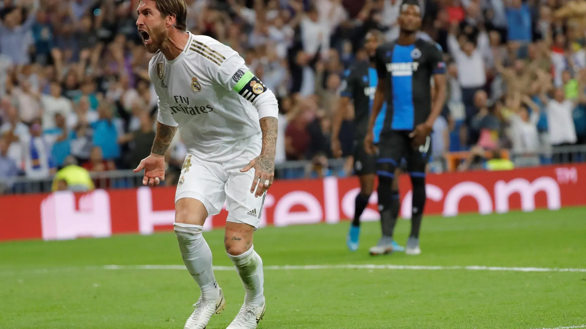 Sergio Ramos celebra el gol que le marcó al Brujas