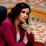 Isabel Díaz Ayuso, en su escaño en la Asamblea de Madrid
