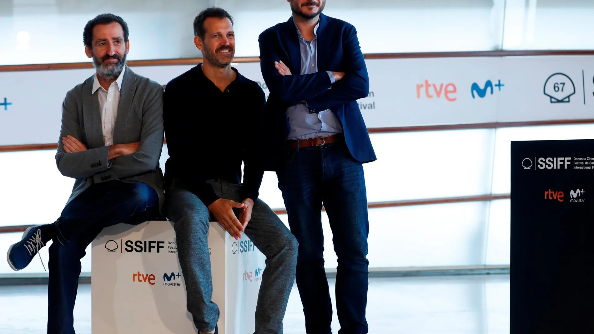 Los directores Aitor Arregi, Jon Garaño y José María Goenaga durante la presentación este domingo de su película “La trinchera infinita”, que compite en la sección oficial de la 67 edición del Festival de Cine de San Sebastián.