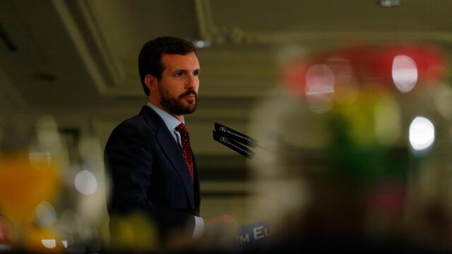 Pablo Casado hoy en el desayuno de Nueva Economía Fóru. (Foto: Cipriano Pastrano)