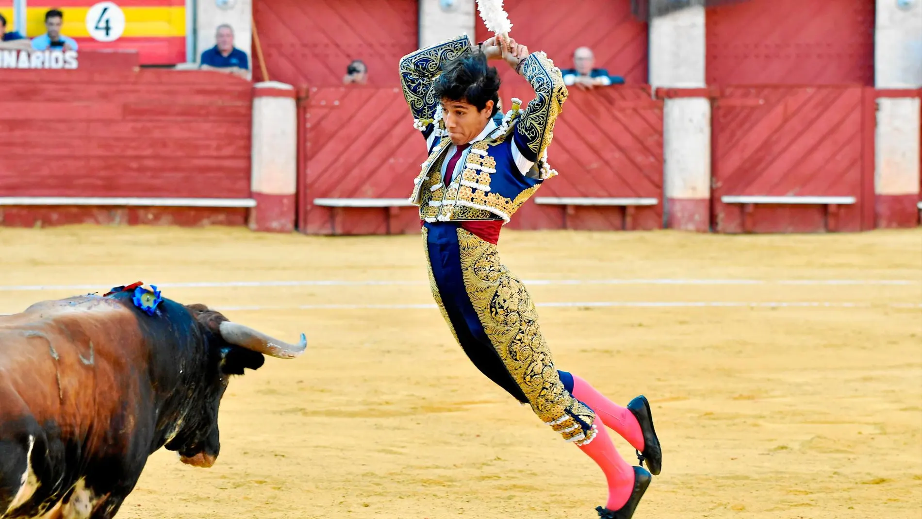 Luis David Adame coloca un par de banderillas, ayer, en la primera de Almería / Efe