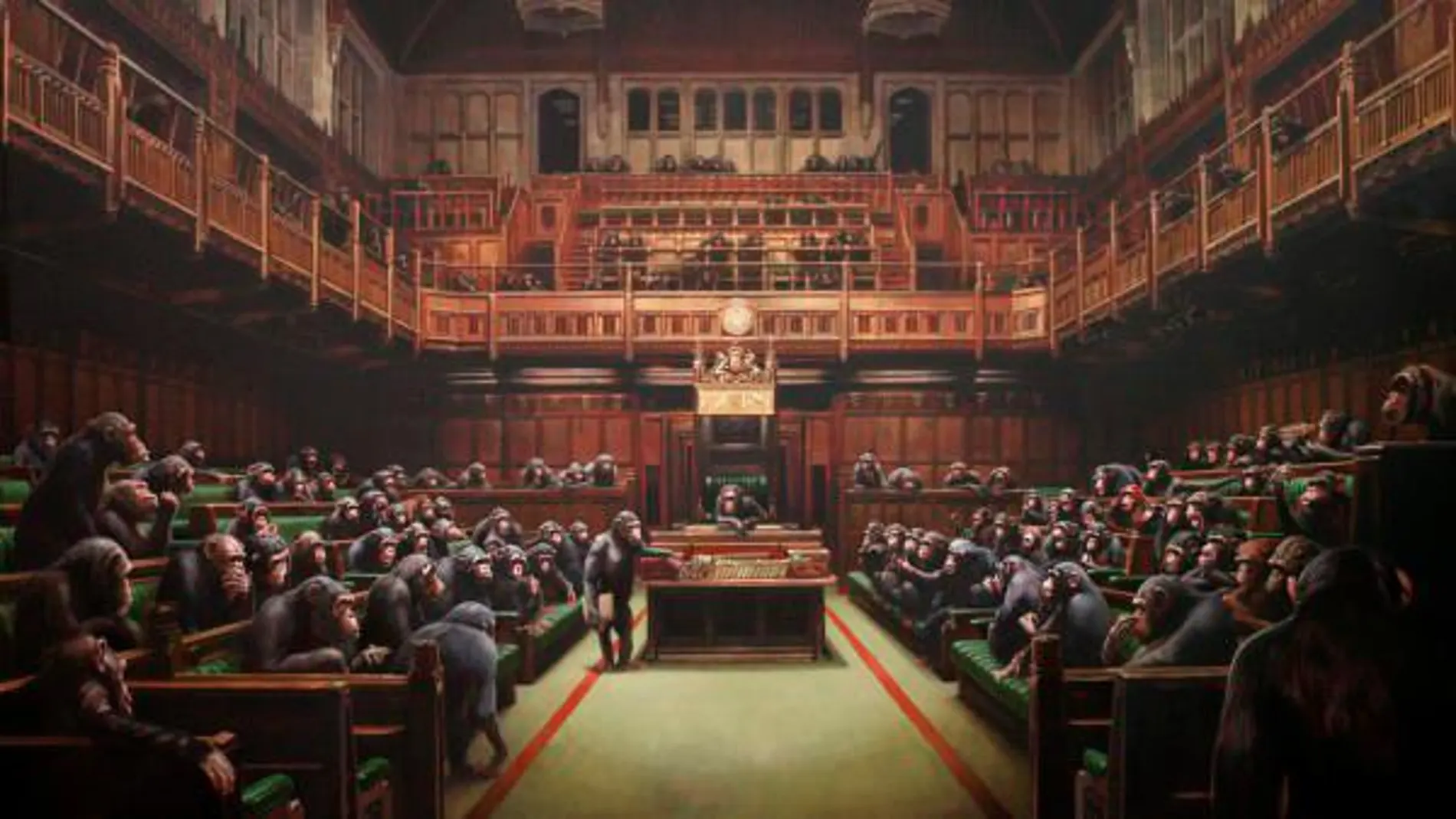 Once millones de euros por la pintura de Banksy del Parlamento británico con chimpancés