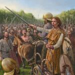 La reina icena Boadicea arenga a sus tropas antes de la batalla. Imagen: © Radu Oltean/ Desperta Ferro Ediciones