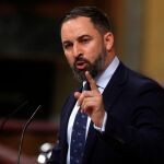 El líder de VOX, Santiago Abascal, interviene en la primera jornada del debate de investidura que afronta el líder socialista, Pedro Sánchez, y que puede desembocar en su elección como presidente del primer Ejecutivo de coalición en la reciente historia de España
