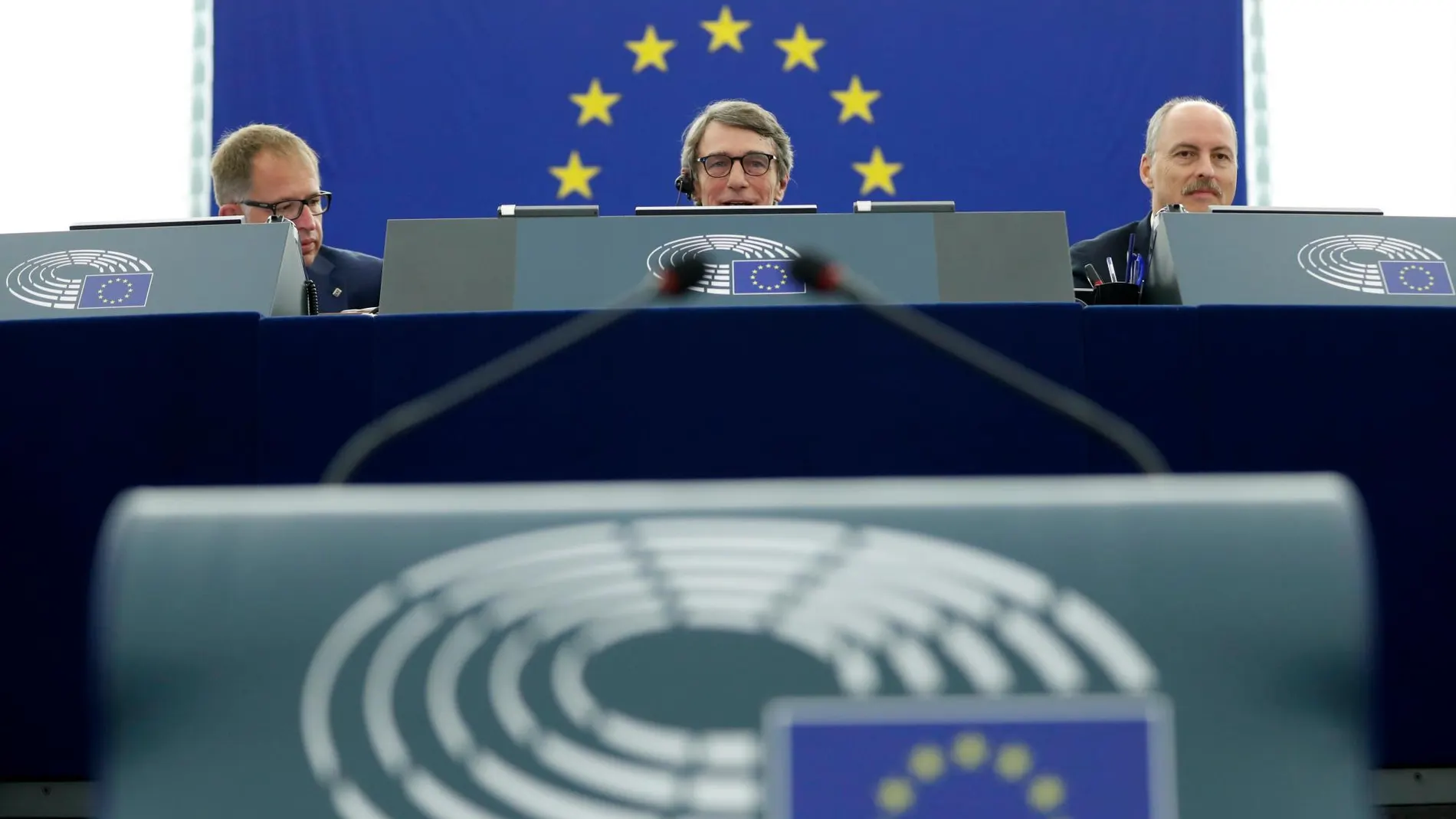 El italiano David-Maria Sassoli, habla tras ser elegido presidente del Parlamento Europeo. (AP Photo/Jean-Francois Badias)