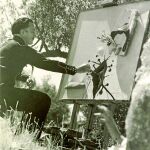 Salvador Dalí pintando en el olivar de Portlligat, en 1948. Foto: © Batlles-Compte