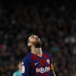 [Barcelona's Lionel Messi gestures during Spanish La Liga soccer match between Barcelona and Sevilla]