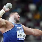 [Joe Kovacs, of the United States, competes in the men's shot put final at the World Athletics]