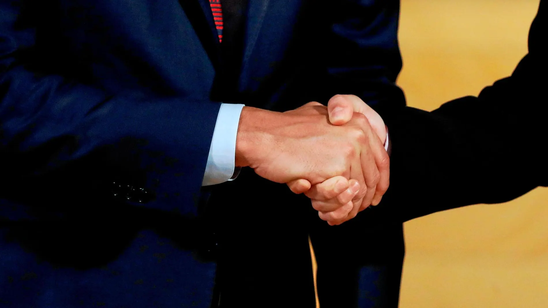 Apretón de manos entre Sánchez e Iglesias, en el comienzo de la última reunión que ambos mantuvieron en el Congreso de los Diputados