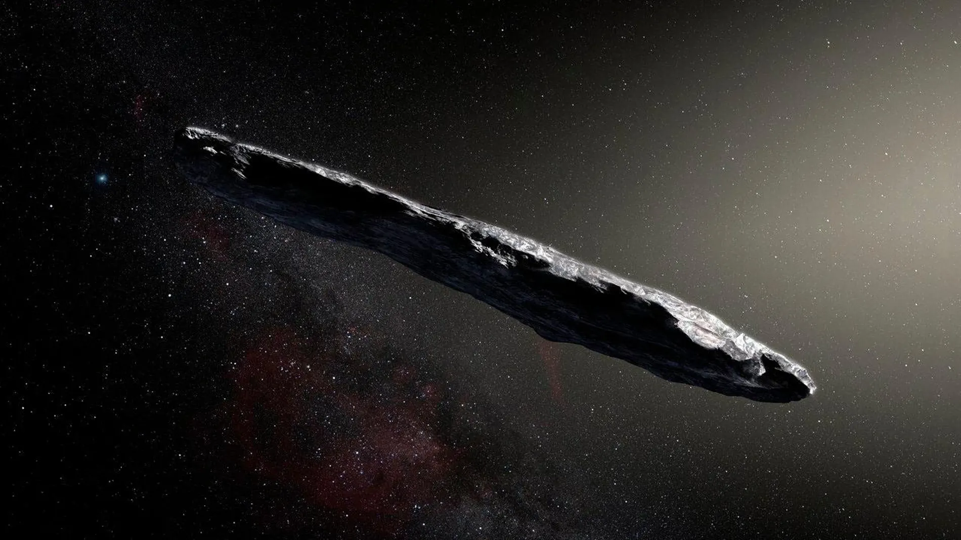 Simulación artística del objeto interestelar Oumuamua descubierto el 19 de octubre de 2017