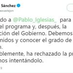 El tuit de Pedro Sánchez sobre la conversación telefónica con Iglesias