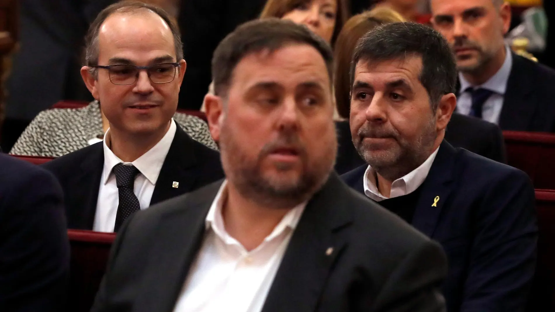 Oriol Junqueras junto al resto de imputados por el "procés", durante una jornada del juicio
