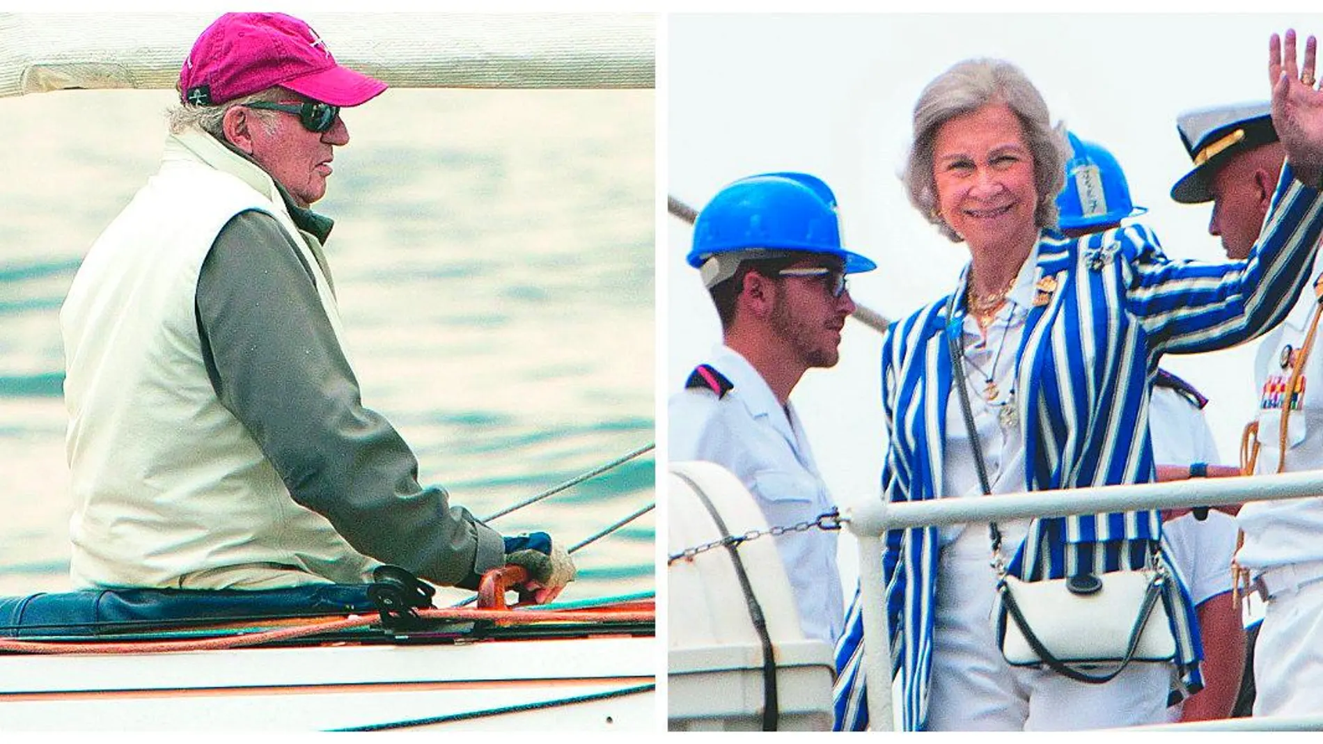 A la izquierda, el Rey Juan Carlos a bordo de su regata «Bribón 500». A la derecha, doña Sofía en Sanxenxo