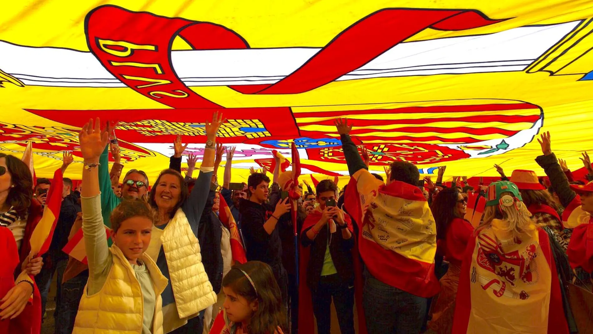 Cientos de personas sujetan la enorme bandera durante el acto de Vox / Foto: Alberto R. Roldán
