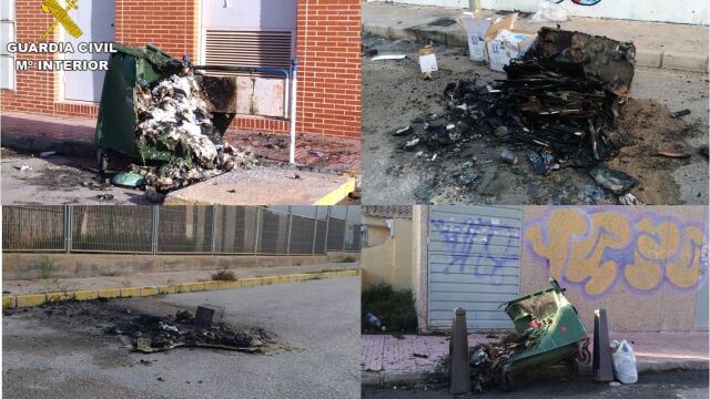Imagen de los contenedores destrozados facilitada por la Guardia Civil