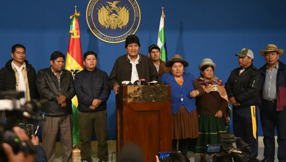 El presidente de Bolivia Evo Morales durante su discurso de dimisión
