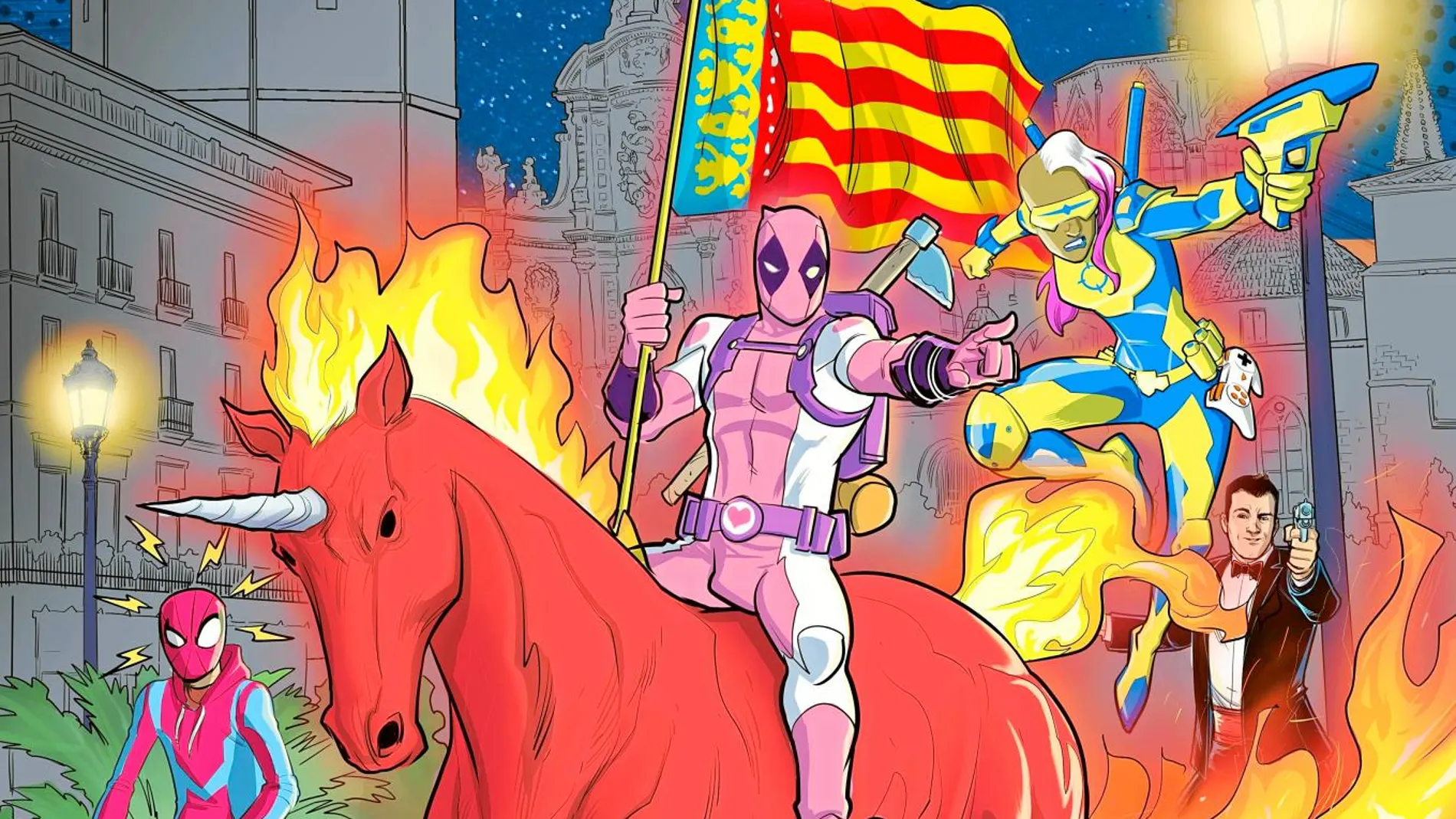 El cartel de Salva Espín para el Salón del Cómic de valencia presenta a Deadpool a lomos de un unicornio con la bandera de la Comunidad Valenciana