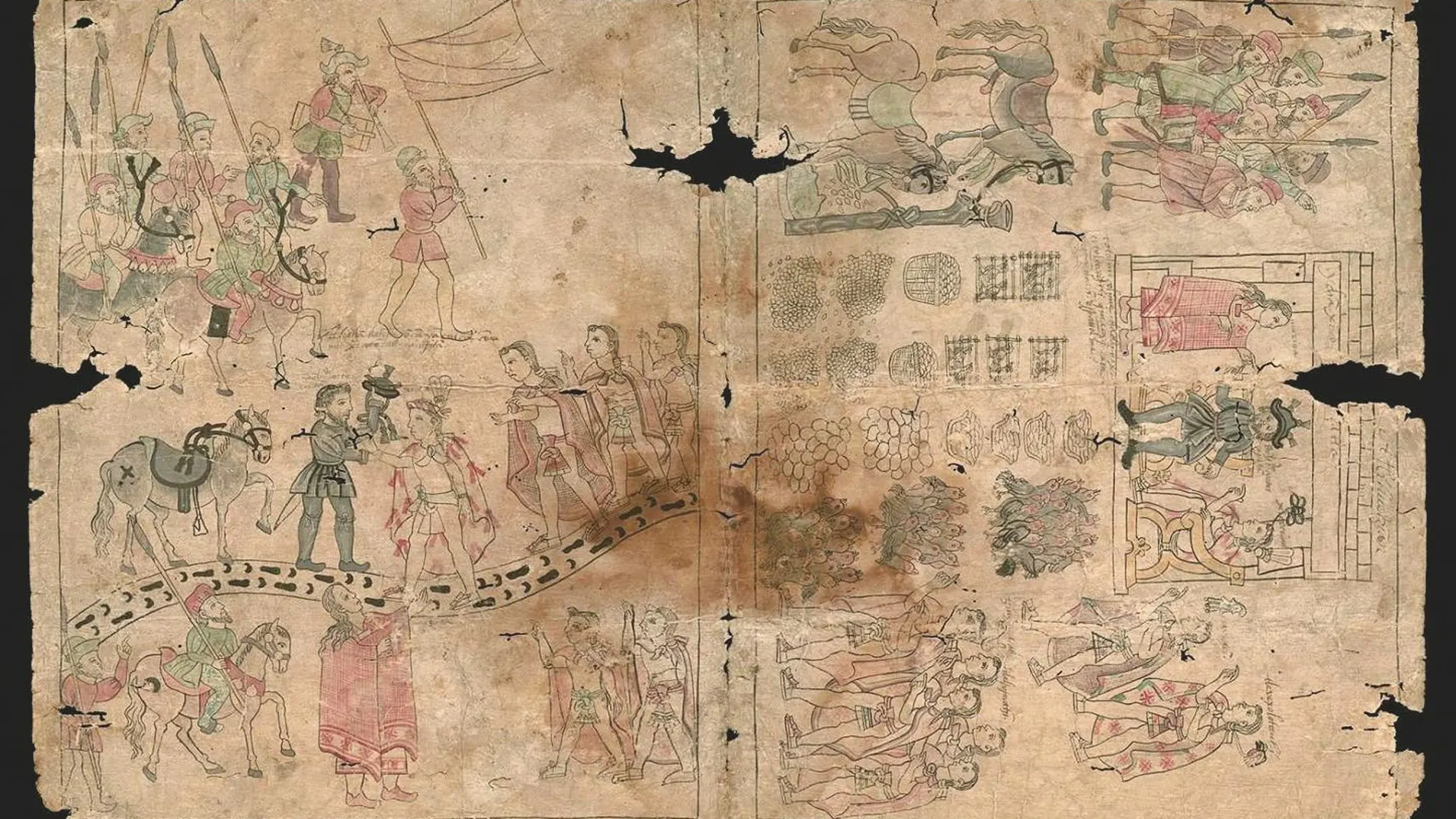 Los códices indígenas dan también cuenta de la llegada de Cortés a Tenochtitlán y de su encuentro con Moctezuma