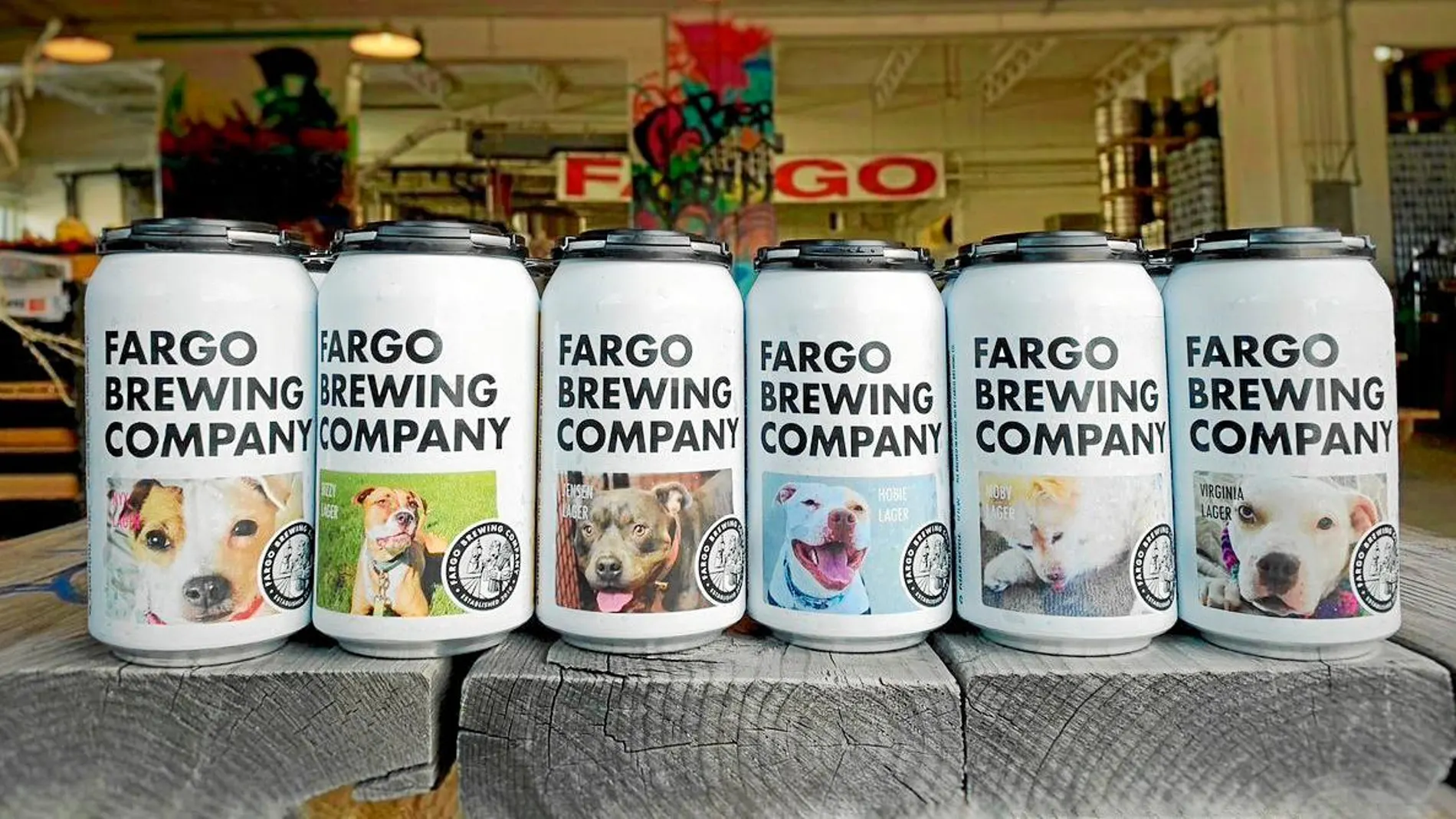 Imagen promocional de las latas de cerveza de Fargo protagonizadas por los candidatos para ser adoptados. Foto: Fargo brewing