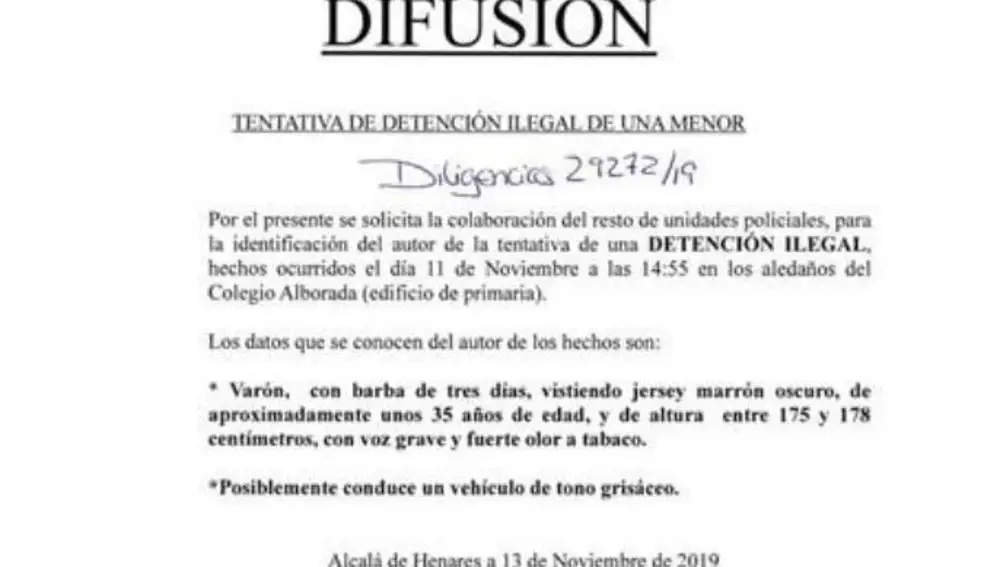 Nota policial por el intento de secuestro de una menor en Alcalá de Henares