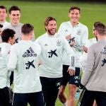 Sergio Ramos, en el último entrenamiento de la selección