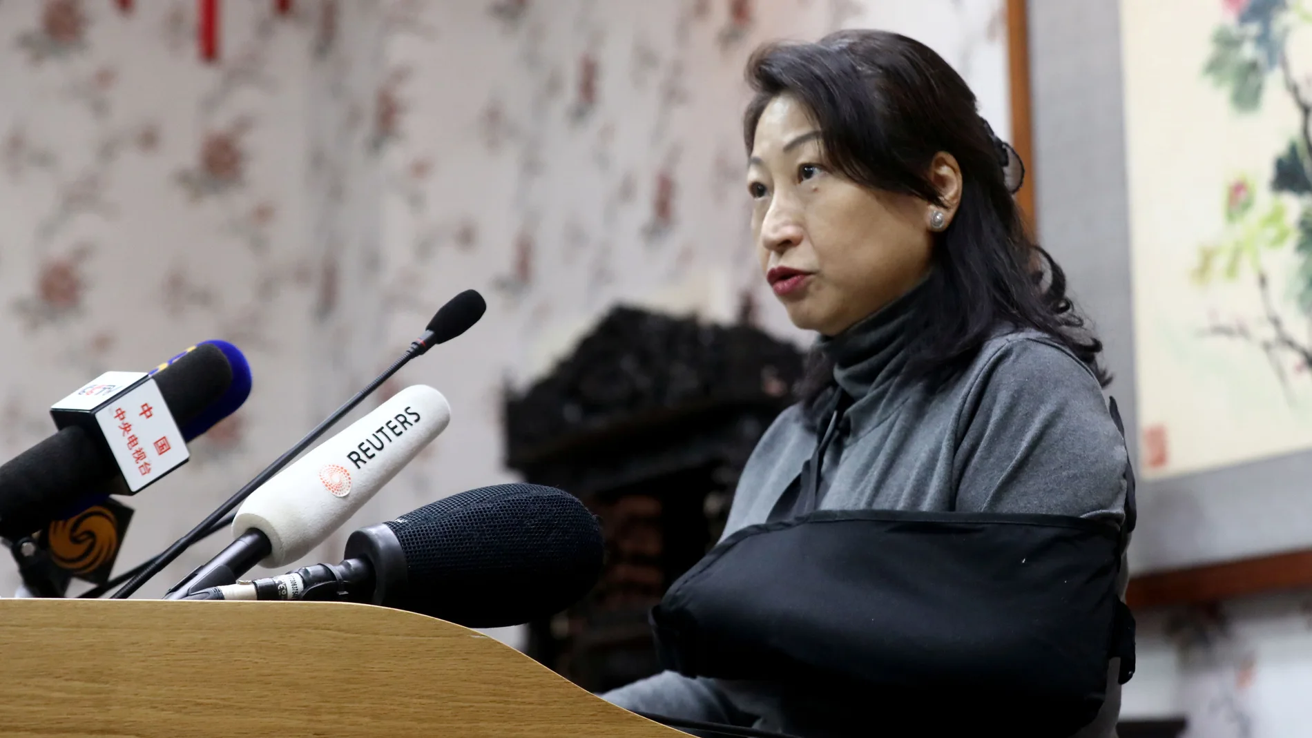 Hong Kong Secretary for Justice Teresa Cheng speaks during a news conference at the Chinese Embassy in London