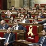 El portavoz de Ciudadanos, Carlos Carrizosa (d), interpela al presidente de la Generalitat, Quim Torra (i), durante la sesión de control al gobierno catalán en el pleno del Parlament, en plena expectación por las conversaciones que prevén desarrollar el PSOE y ERC para explorar un posible acuerdo de cara a la investidura de Pedro Sánchez. EFE/Andreu Dalmau
