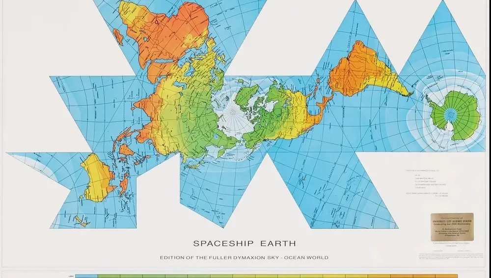 Dymaxion map, un poliedro que diseñó el estadounidense Buckminster Fuller y puede tomar muchas formas diferentes siendo bastante exacto con los tamaños de los continentes