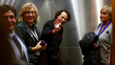La ministra de Trabajo en funciones Magdalena Valerio tras la Diputación Permanente del Congreso de los Diputados esta mañana. Foto: Cristina Bejarano.