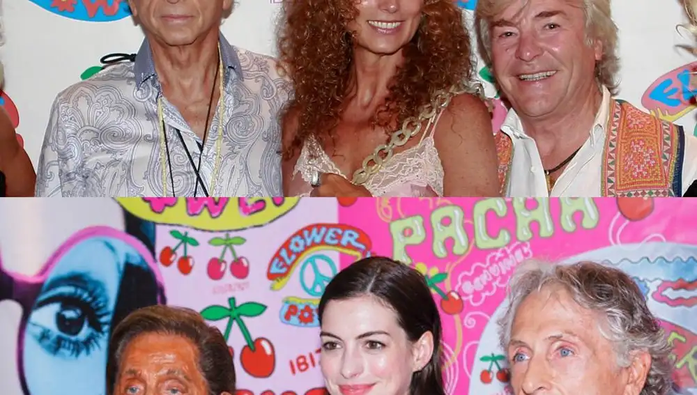 Carlos Martorell con Ángel Nieto y Belinda (arriba) y Anne Hataway y Valentino (abajo) en la fiesta Flower Power VIP en Pacha Ibiza