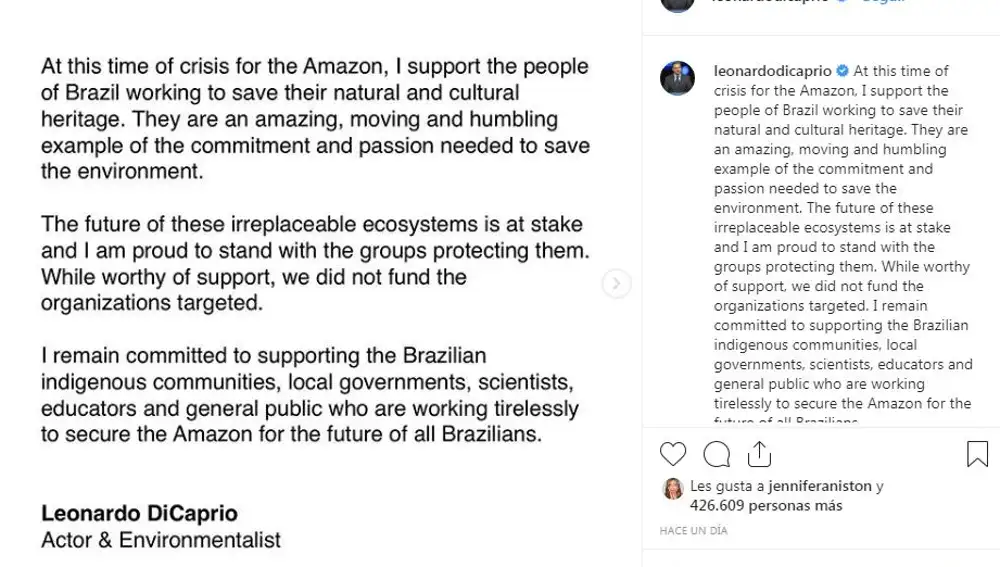 Imagen de la publicación en la cuenta oficial de Leonardo DiCaprio en Instagram