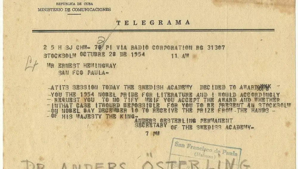 El telegrama de la academia sueca recibido por Ernest Hemingway