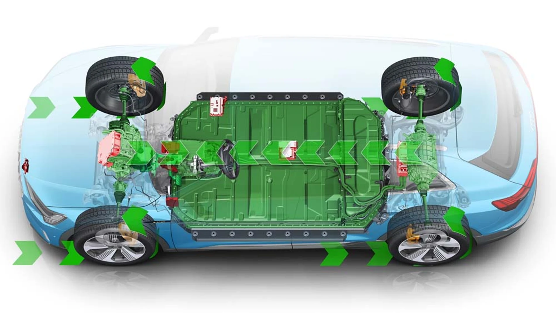 Mejoras en la transmisión hacen que las baterías de 95 kWh del Audi e-tron sean ahora más eficientes, incrementando su autonomía en 25 kilómetros.
