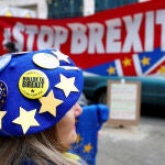 Las placas anti-Brexit en la boina de un manifestante durante una movilización frente a la embajada británica en Bruselas, Bélgica, 5 de diciembre de 2019. REUTERS / Francois Lenoir