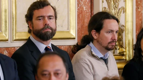 El portavoz de Vox en el Congreso, Iván Espinosa de los Monteros (i) y el líder de Unidas Podemos, Pablo Iglesias (d) durante la sesión solemne en el Congreso de los Diputados con motivo de la celebración del 41 aniversario de la Constitución. EFE
