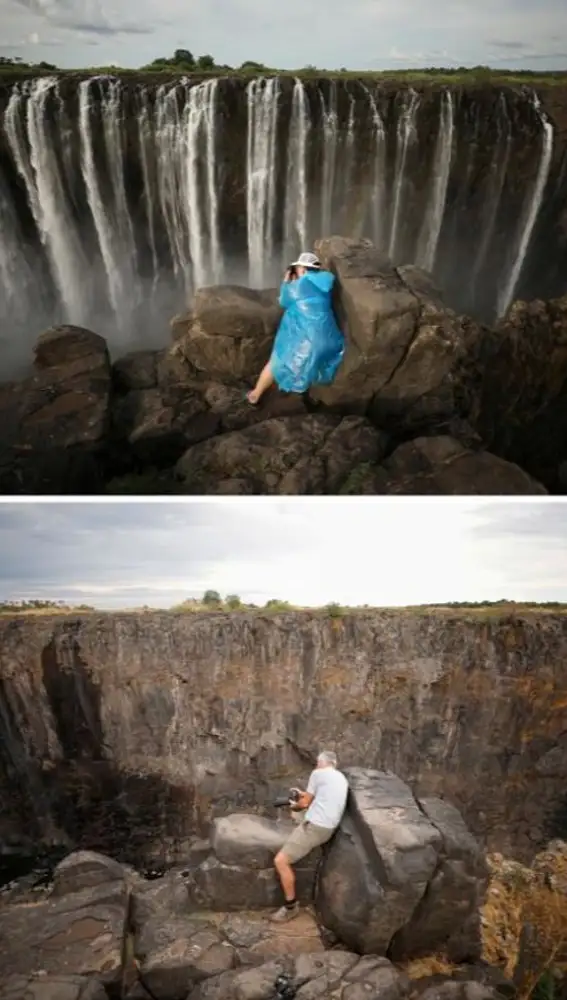 Arriba, las cataratas Victoria en enero; y abajo, las mismas cascadas en diciembre. Ambas del mismo año y solo once meses de diferencia