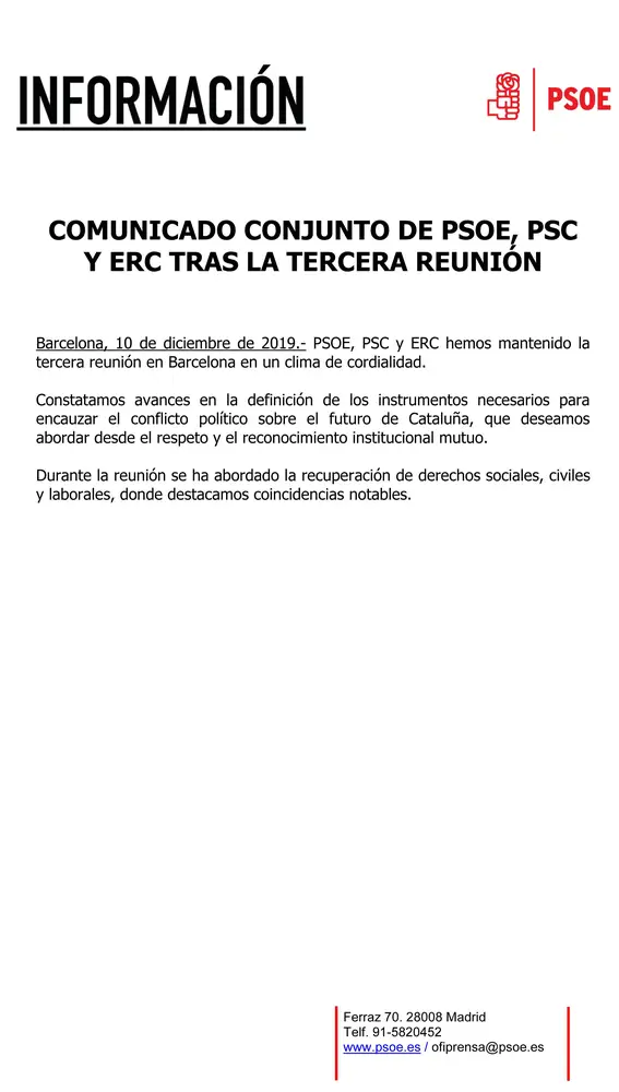 Comunicado conjunto de la reunión PSOE-ERC