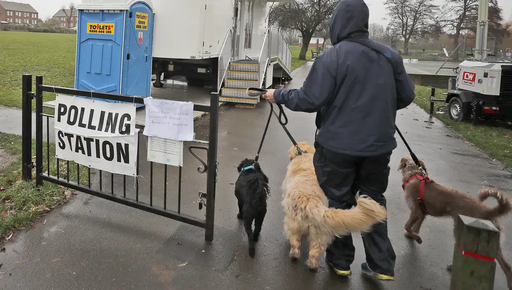 Un votante y sus perros en Twickenham, Londres
