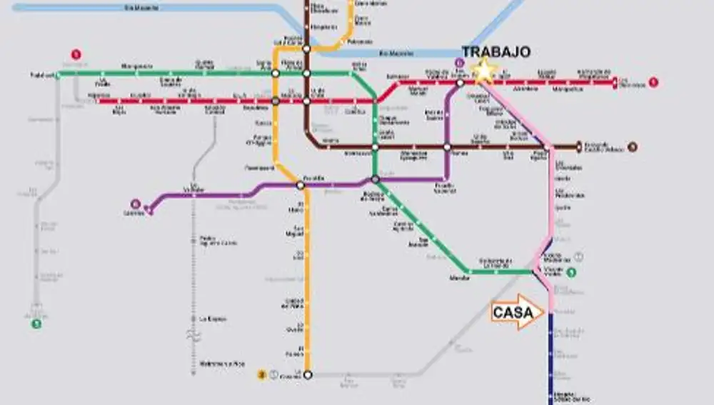 Trayecto del trabajo a casa después de los altercados (mapa metro Santiago)