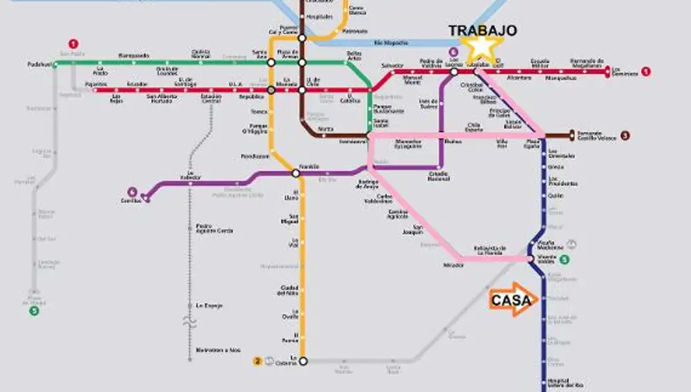 Trayecto del trabajo a casa antes de los altercados (mapa metro Santiago)