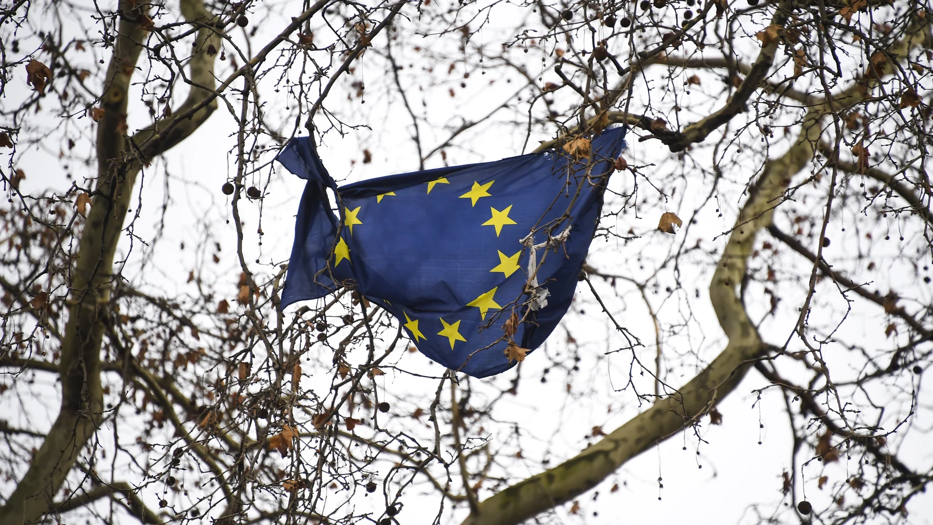Una bandera europea colgada en los alrededores del parlamento británico
