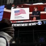 House Speaker Nancy Pelosi (D-CA) is seen on a jumbotron outside ABC News studios speaking to the U.S. House of Representatives during the session to discuss rules ahead of a vote on two articles of impeachment against U.S. President Donald Trump, at Times Square in New York City, New York, U.S., December 18, 2019. REUTERS/Shannon Stapleton