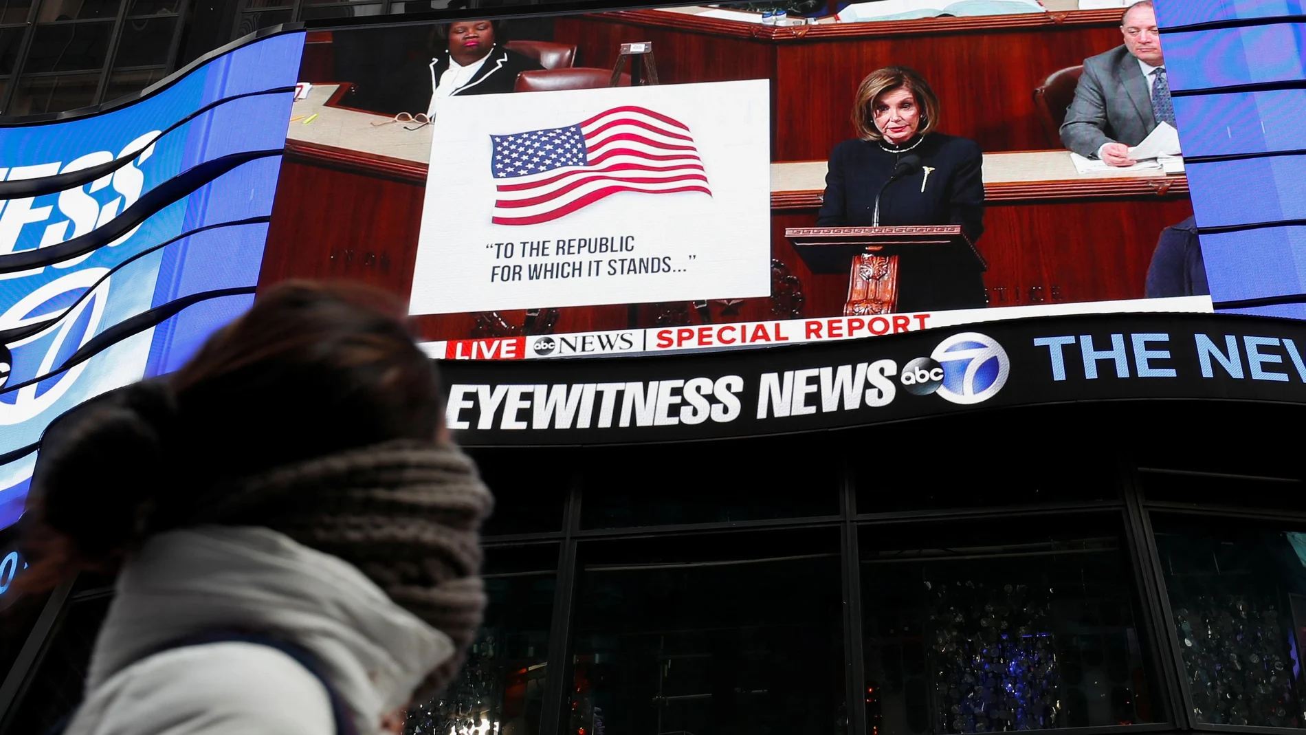 House Speaker Nancy Pelosi (D-CA) is seen on a jumbotron outside ABC News studios in New York