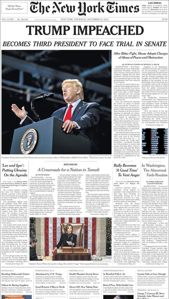 19/12/2019 Madrid.Portadas de los principales periodicos estadounodenses reaccionando al Impeachment del Presidente Trump.© La Razón