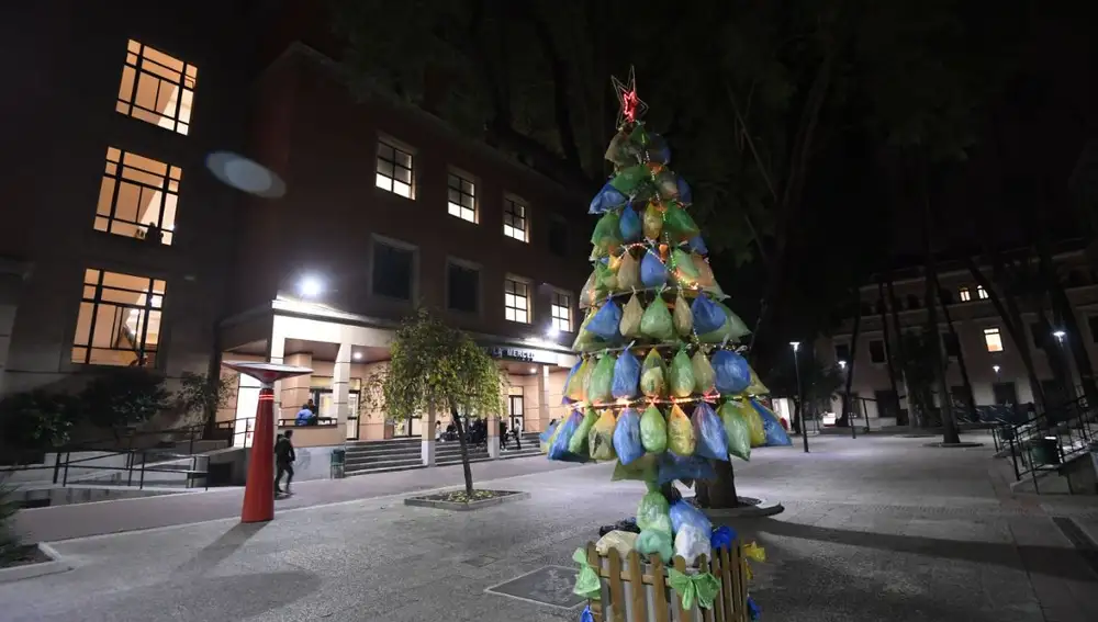 Árbol de Navidad fabricado con bolsas de plástico en la Universidad de Murcia (UMU)